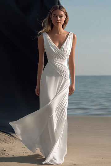 White V Neck Sheath Ruched Long Boho Beach Dress